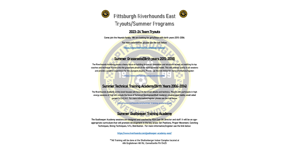 Pittsburgh Riverhounds East Tryouts/Summer Programs